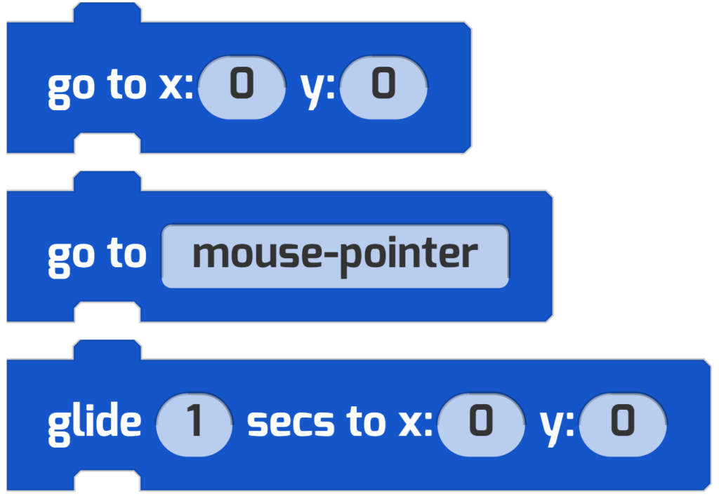 These blue movement code blocks change the location of Actors on the stage